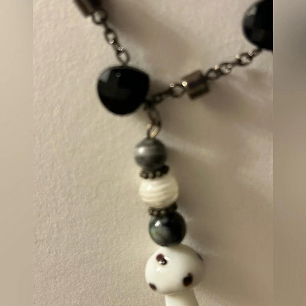 Necklace glass & Agate stone mushroom pendant on 3-strand black faceted beads